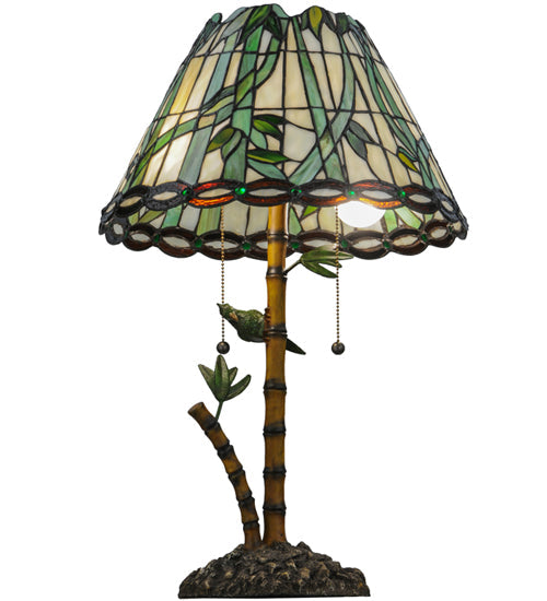 Meyda Lighting Loro Paraiso 24" 2-Light Faux Bamboo Table Lamp With Green and Amber Shade Glass