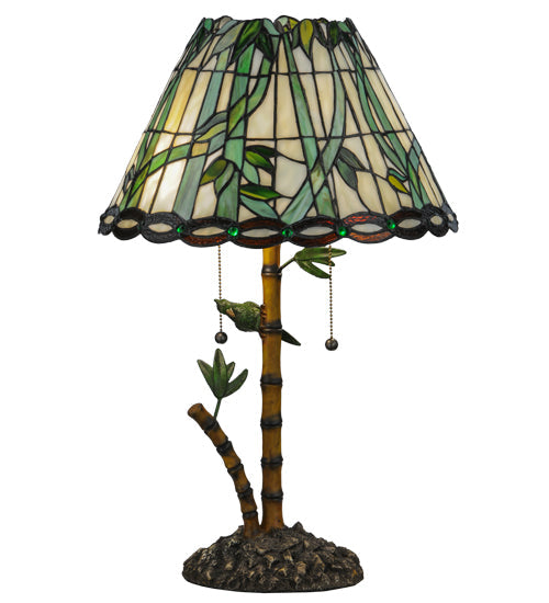 Meyda Lighting Loro Paraiso 24" 2-Light Faux Bamboo Table Lamp With Green and Amber Shade Glass