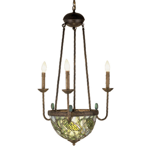 Meyda Lighting Lotus Bud 22" 5-Light 3-Arm Mahogany Bronze Inverted Chandelier With Green & Blue Shade Glass