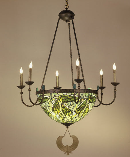 Meyda Lighting Lotus Bud 35" 10-Light 6-Arm Mahogany Bronze Inverted Chandelier With Green & Blue Shade Glass