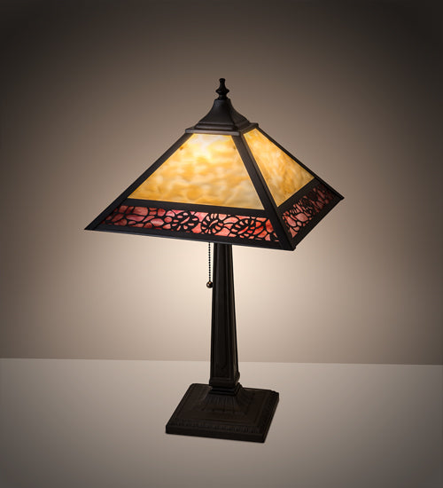 Meyda Lighting Lotus Leaf 22" Craftsman Brown Table Lamp With Red & Beige Shade Glass