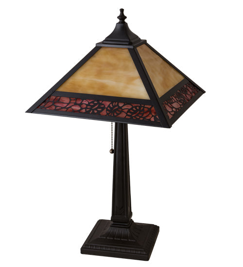 Meyda Lighting Lotus Leaf 22" Craftsman Brown Table Lamp With Red & Beige Shade Glass