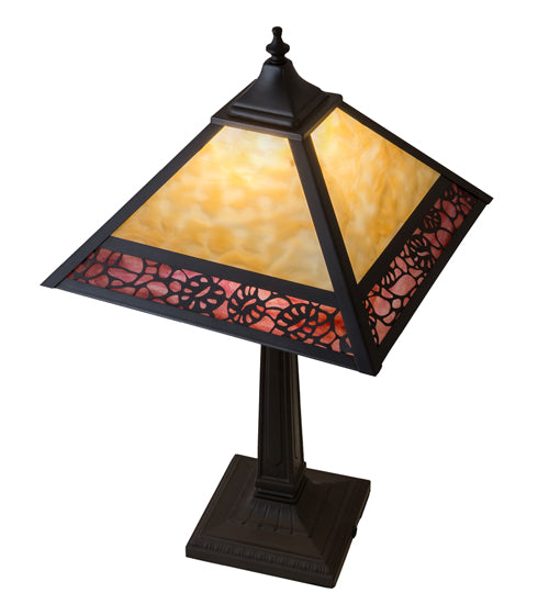 Meyda Lighting Lotus Leaf 22" Craftsman Brown Table Lamp With Red & Beige Shade Glass