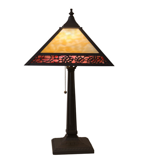 Meyda Lighting Lotus Leaf 22" Craftsman Brown Table Lamp With Red & Beige Shade Glass