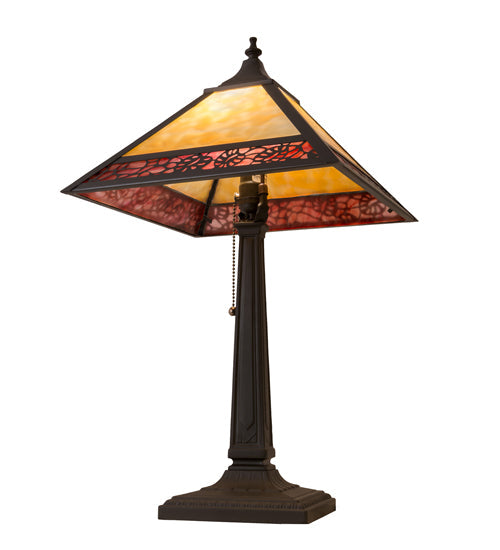 Meyda Lighting Lotus Leaf 22" Craftsman Brown Table Lamp With Red & Beige Shade Glass
