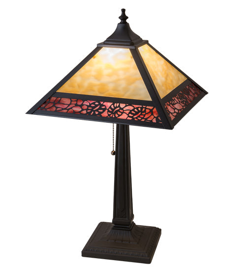 Meyda Lighting Lotus Leaf 22" Craftsman Brown Table Lamp With Red & Beige Shade Glass