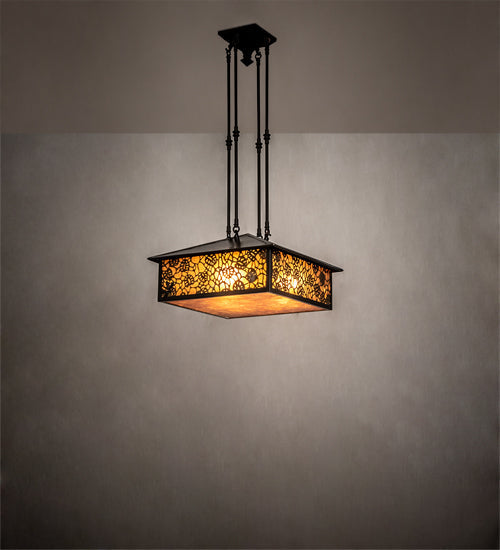 Meyda Lighting Lotus Leaf 24" Craftsman Brown Brass Pendant Light With Amber Mica Shade Glass
