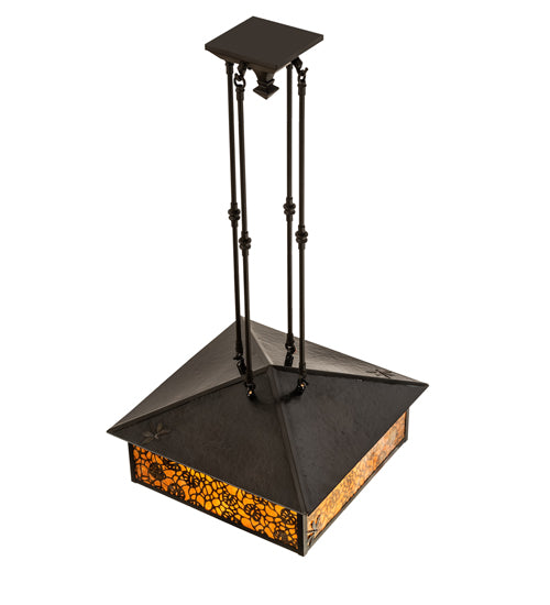 Meyda Lighting Lotus Leaf 24" Craftsman Brown Brass Pendant Light With Amber Mica Shade Glass