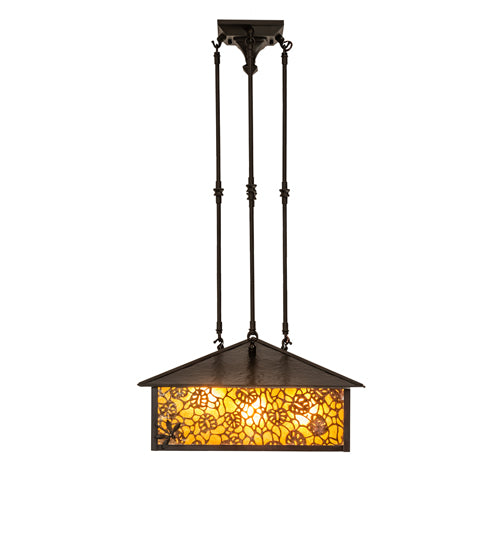 Meyda Lighting Lotus Leaf 24" Craftsman Brown Brass Pendant Light With Amber Mica Shade Glass