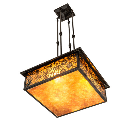 Meyda Lighting Lotus Leaf 24" Craftsman Brown Brass Pendant Light With Amber Mica Shade Glass