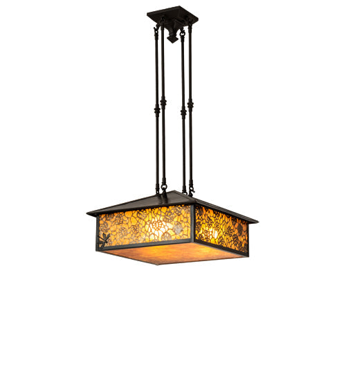 Meyda Lighting Lotus Leaf 24" Craftsman Brown Brass Pendant Light With Amber Mica Shade Glass