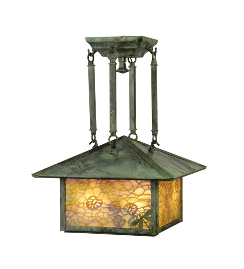 Meyda Lighting Lotus Leaf and Dragonfly 18" 4-Light Verdigris Pendant Light With Beige Iridescent Shade Glass