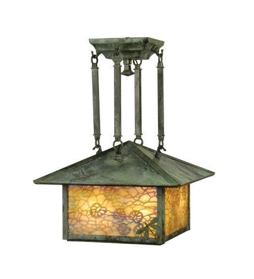 Meyda Lighting Lotus Leaf and Dragonfly 18" 4-Light Verdigris Pendant Light With Beige Iridescent Shade Glass