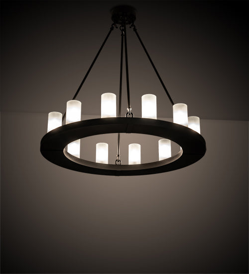 Meyda Lighting Loxley 219660 36" 12-Light Wrought Iron Chandelier With Frosted Clear Shade Glass