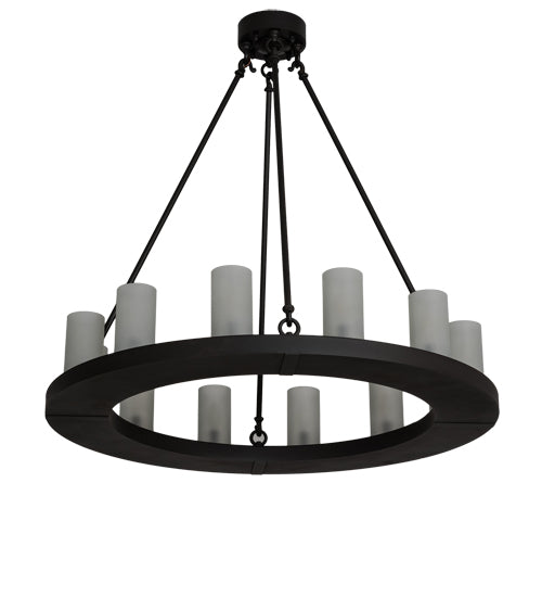 Meyda Lighting Loxley 219660 36" 12-Light Wrought Iron Chandelier With Frosted Clear Shade Glass