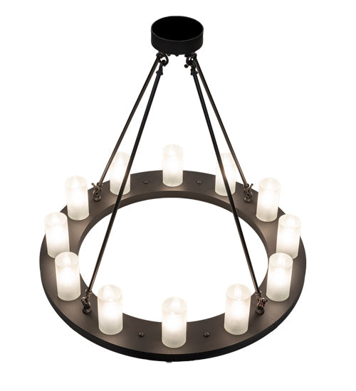 Meyda Lighting Loxley 219660 36" 12-Light Wrought Iron Chandelier With Frosted Clear Shade Glass
