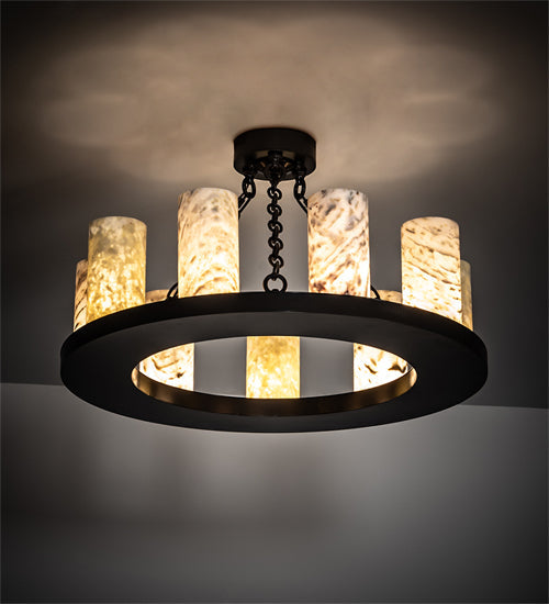 Meyda Lighting Loxley 30" 9-Light Timeless Bronze Semi-flush Mount Light With White & Green Jadestone Shade