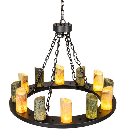 Meyda Lighting Loxley 36" 12-Light Old Wrought Iron Chandelier With Light & Dark Green Jadestone Shade