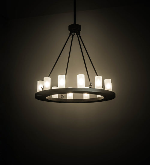 Meyda Lighting Loxley 36" 12-Light Wrought Iron Chandelier With Frosted Clear Shade Glass