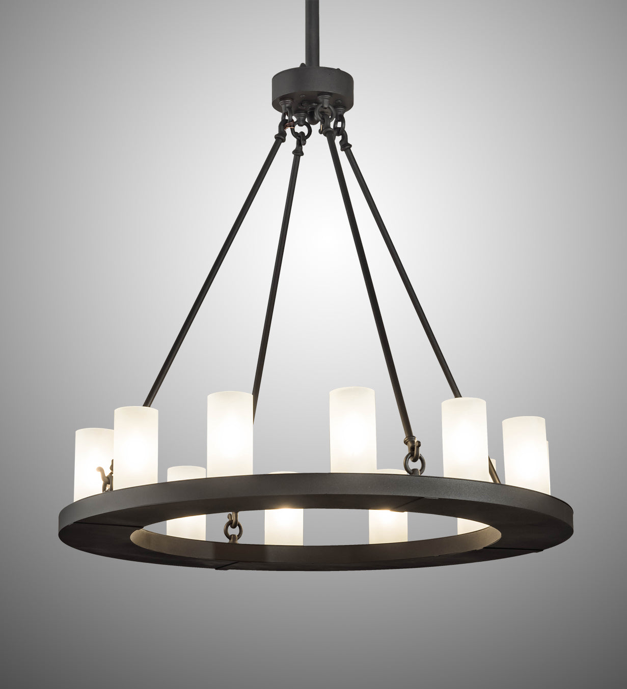 Meyda Lighting Loxley 36" 12-Light Wrought Iron Chandelier With Frosted Clear Shade Glass