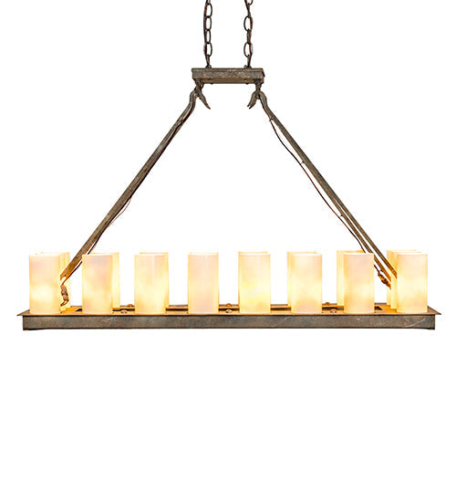 Meyda Lighting Loxley 39" 18-Light Vintage Moss Patina Island Chandelier With Desert Sand Shade Glass