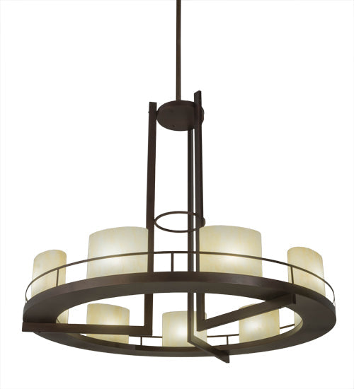 Meyda Lighting Loxley 68" 9-Light Mahogany Bronze Tac Air Chandelier With Beige Sahara Taupe Idalight Shade Glass