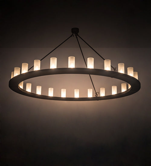 Meyda Lighting Loxley 72" 24-Light Wrought Iron Chandelier With Frosted Clear Shade Glass