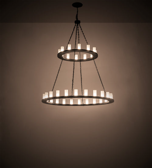 Meyda Lighting Loxley 72" 36-Light 2-Tier Textured Black Chandelier With Clear Frosted Shade Glass