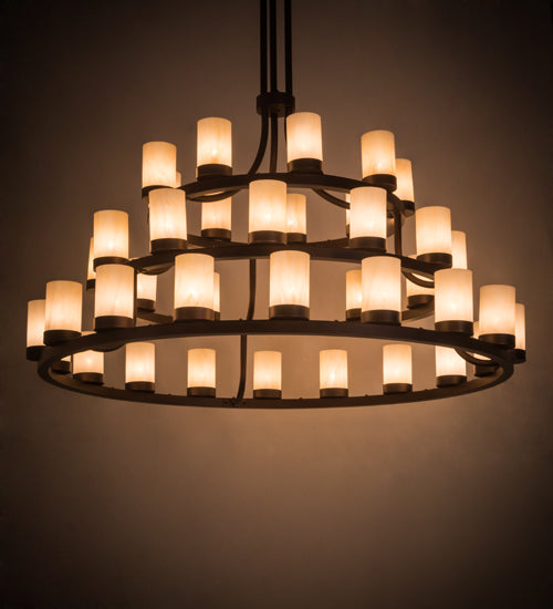 Meyda Lighting Loxley 72" 39-Light 3-Tier Mahogany Bronze Chandelier With Beige Sahara Taupe Idalight Shade Glass