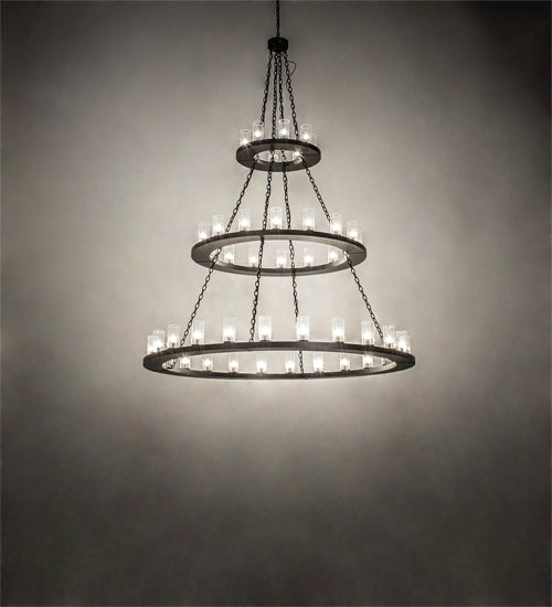 Meyda Lighting Loxley 72" 48-Light 3-Tier Textured Black Chandelier With Clear Seeded Shade Glass