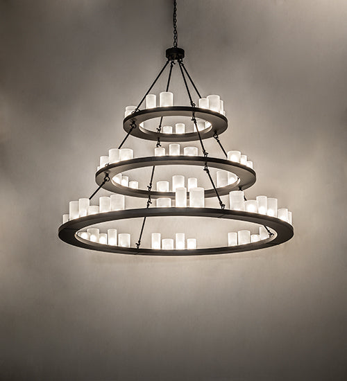 Meyda Lighting Loxley 72" 63-Light 3-Tier Oil Rubbed Bronze Shelburne Chandelier With Clear Frosted Acrylic Shade