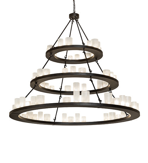 Meyda Lighting Loxley 72" 63-Light 3-Tier Oil Rubbed Bronze Shelburne Chandelier With Clear Frosted Acrylic Shade