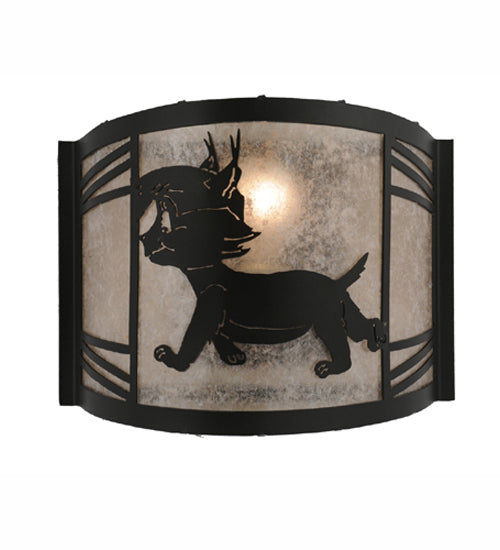 Meyda Lighting Lynx on the Loose 12" Textured Black Left Wall Sconce With Silver Mica Shade Glass