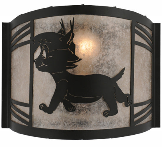 Meyda Lighting Lynx on the Loose 12" Textured Black Left Wall Sconce With Silver Mica Shade Glass