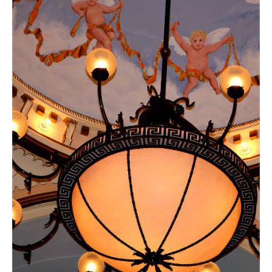 Meyda Lighting Lyre 96" 18-Light 8-Arm Light Burnished Brass Chandelier With Fleshtone Idalight Shade Glass