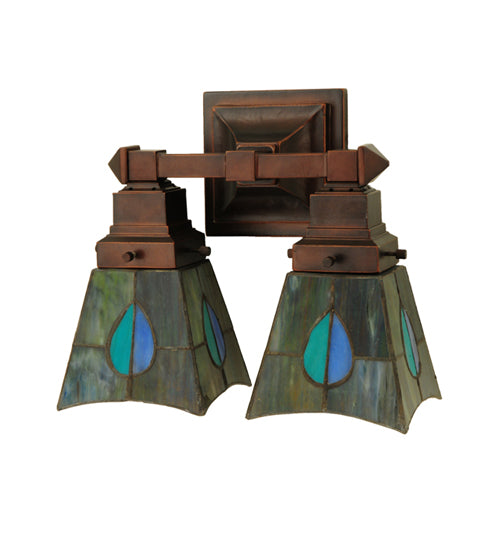 Meyda Lighting Mackintosh Leaf 12" 2-Light Mahogany Bronze Wall Sconce With Multi-Colored Shade Glass