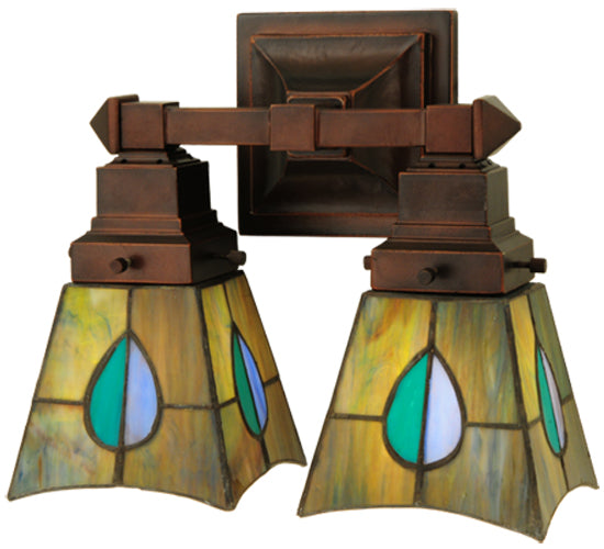 Meyda Lighting Mackintosh Leaf 12" 2-Light Mahogany Bronze Wall Sconce With Multi-Colored Shade Glass