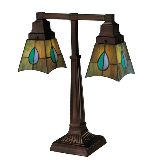 Meyda Lighting Mackintosh Leaf 19" 2-Light Mahogany Bronze Desk Table Lamp With Multi-Colored Shade Glass
