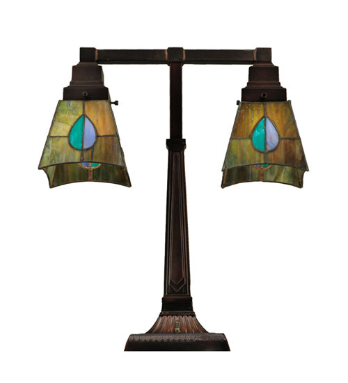Meyda Lighting Mackintosh Leaf 19" 2-Light Mahogany Bronze Desk Table Lamp With Multi-Colored Shade Glass