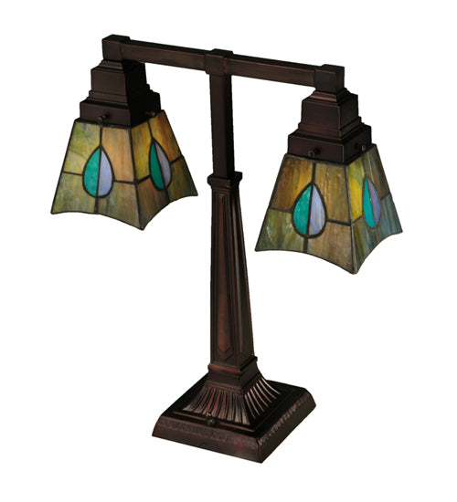 Meyda Lighting Mackintosh Leaf 19" 2-Light Mahogany Bronze Desk Table Lamp With Multi-Colored Shade Glass