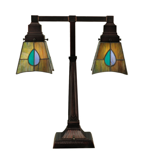 Meyda Lighting Mackintosh Leaf 19" 2-Light Mahogany Bronze Desk Table Lamp With Multi-Colored Shade Glass