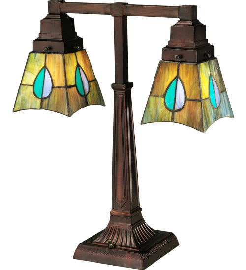 Meyda Lighting Mackintosh Leaf 19" 2-Light Mahogany Bronze Desk Table Lamp With Multi-Colored Shade Glass