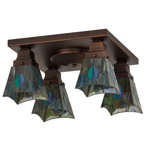 Meyda Lighting Mackintosh Leaf 23" 4-Light Mahogany Bronze Flush Mount Light With Multi-Colored Shade Glass