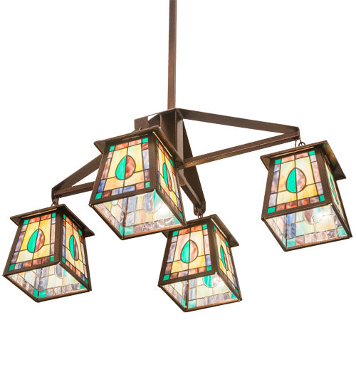 Meyda Lighting Mackintosh Leaf 36" 4-Light New Copper Vein Chandelier With Multi-Colored Shade Glass