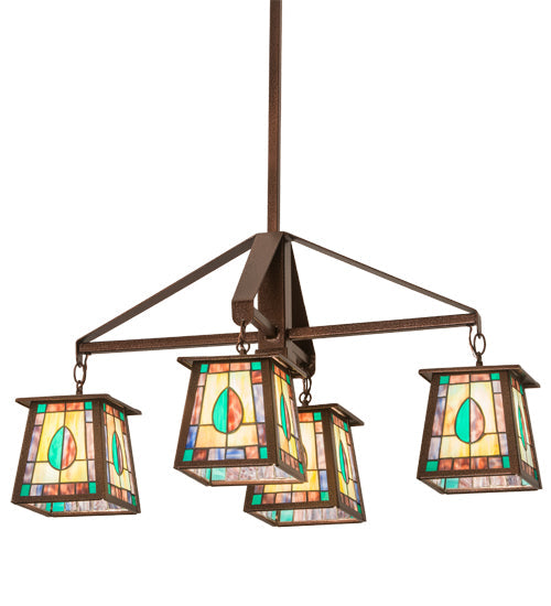 Meyda Lighting Mackintosh Leaf 36" 4-Light New Copper Vein Chandelier With Multi-Colored Shade Glass