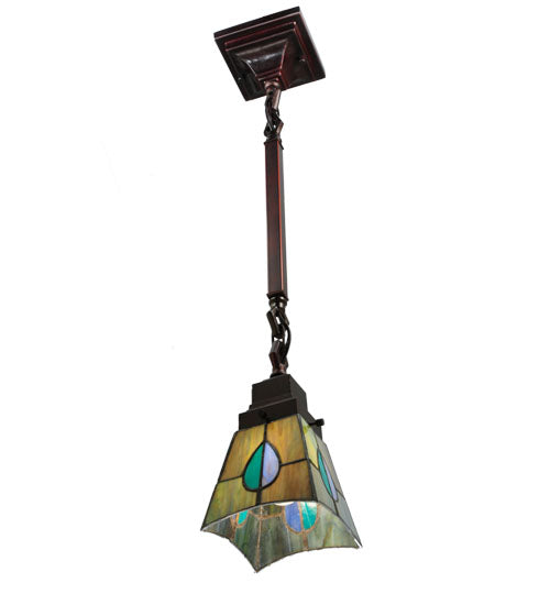 Meyda Lighting Mackintosh Leaf 5"Sq Mahogany Bronze Mini Pendant Light With Multi-Colored Stained Shade Glass