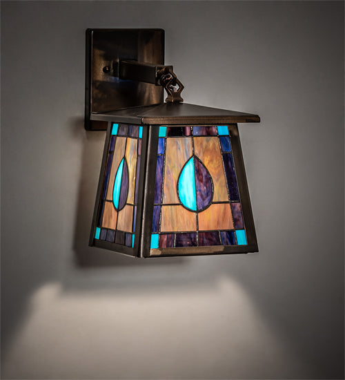 Meyda Lighting Mackintosh Leaf 7" Antique Copper Hanging Wall Sconce With Multi-Colored Stained Shade Glass