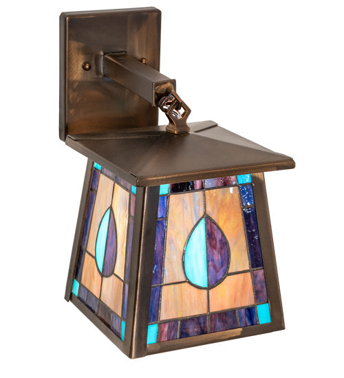 Meyda Lighting Mackintosh Leaf 7" Antique Copper Hanging Wall Sconce With Multi-Colored Stained Shade Glass