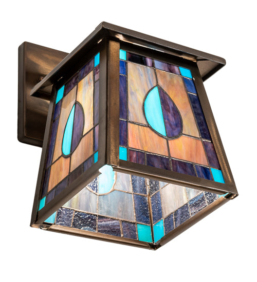 Meyda Lighting Mackintosh Leaf 7" Antique Copper Hanging Wall Sconce With Multi-Colored Stained Shade Glass