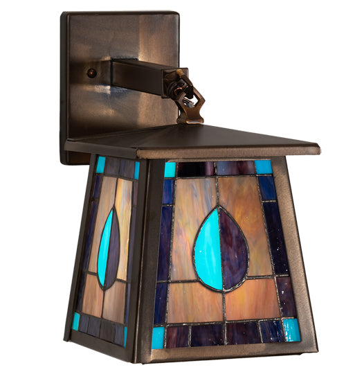 Meyda Lighting Mackintosh Leaf 7" Antique Copper Hanging Wall Sconce With Multi-Colored Stained Shade Glass